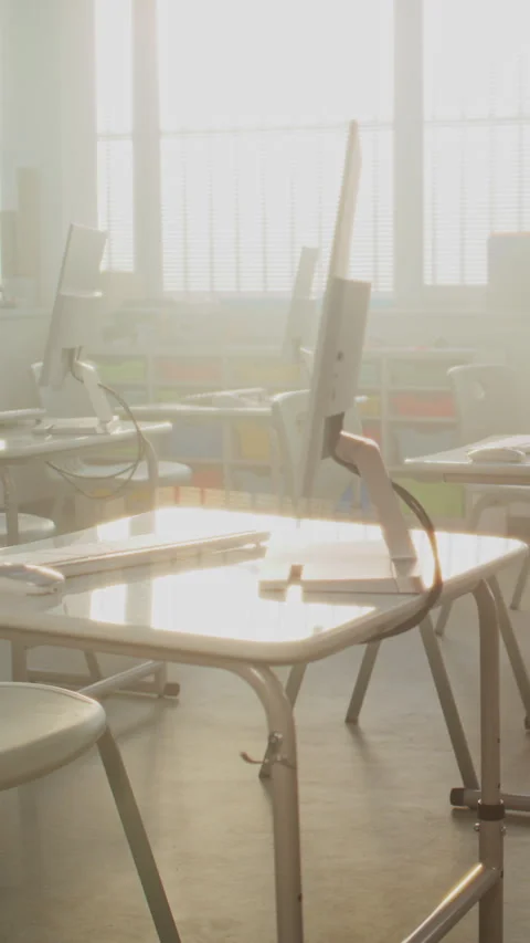 High-Tech School Computer Lab with Minimalist Furniture and PC Monitors Stock Footage 317169845