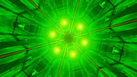 High-tech sci-fi tunnel. Green and yellow color. Fashionable neon glowing lines Stock Footage 300657774