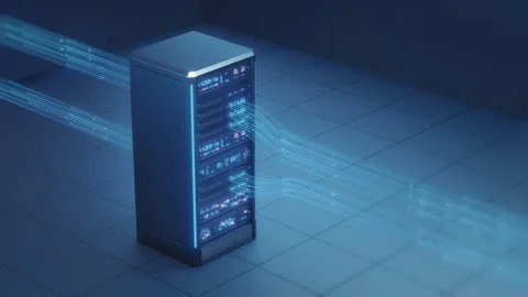 High-Tech Server Rack Processing Digital Data in a Modern Blue Data Center Stock Footage 344752402