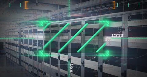 High-tech server room with advanced digital overlay displaying data and Foto stock