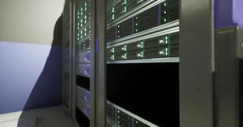 High tech server room with glowing servers and modern design features Illustrazione stock