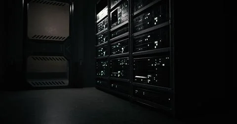 High tech server room with illuminated racks during nighttime operation Stock Illustration