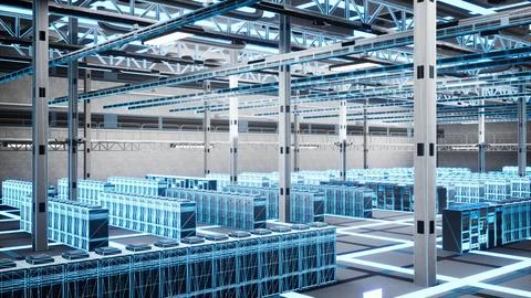 High tech server room infrastructure with blue VFX overlay 스톡 사진