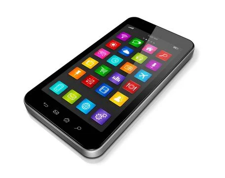High Tech Smartphone with apps icons interface 3D High Tech smartphone, mo... Foto stock