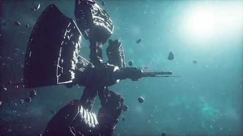 High-tech space station explores a cosmic cloud of interstellar dust and gas Illustrazione stock