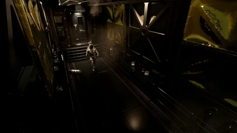 High-Tech Space Station Hosts Astronaut in Sleek Corridor Stock Footage 115196099