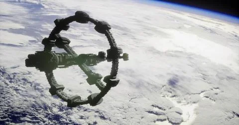 High tech space station orbiting Earth with advanced design Stock Illustration