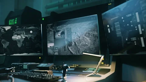 High tech spy computer program interface identifies the enemy location Stock Footage 255127139
