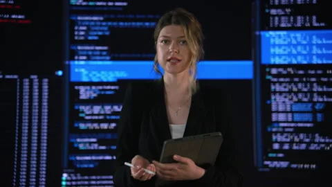 High-tech startup concept: An innovative female software engineer stands Stock Footage 243899304