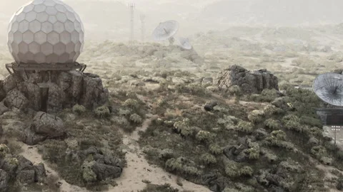 High tech station with dish antennas in a dry landscape during the day Stock Footage 343575226