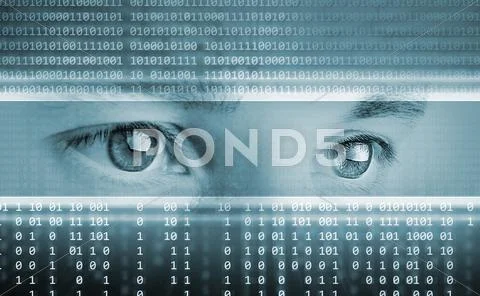 High-tech technology background with eyes on computer display Stock Illustration
