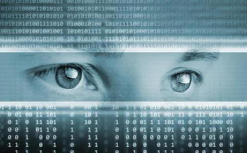 High-tech technology background with eyes on computer display Stock Photos