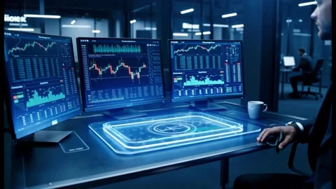 A high-tech trading desk in a modern urban loft at night. Stock Footage 311643792
