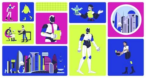 High-tech urban future with AI and smart living bento grid illustration set Stock Illustration