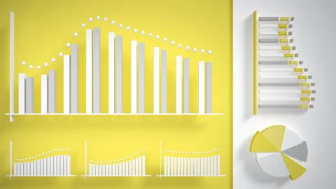 High-tech user interface with animation of histograms and graphs in white and ye Stock Footage 181827456