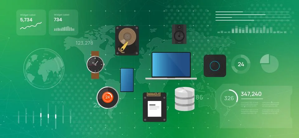 High tech various electronic devices over a world map represents green Stock Illustration