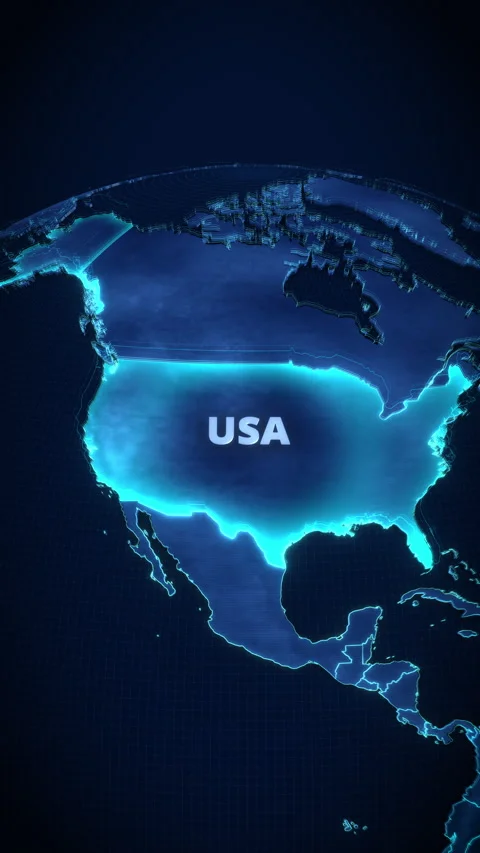 High-Tech Vertical 3D USA Map With Glowing Blue Borders And Pulsating Highlight Stock Footage 335715993