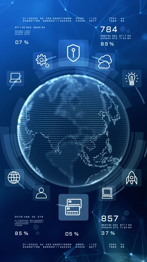 High-tech vertical background featuring a digital Earth, tech icons, data Stock Footage 320030860