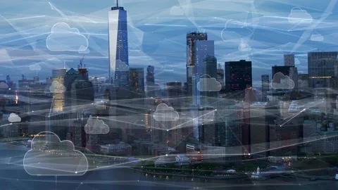 High Tech View of New York City Connected Through a Network of Clouds. Manhattan Stock Footage 159653597