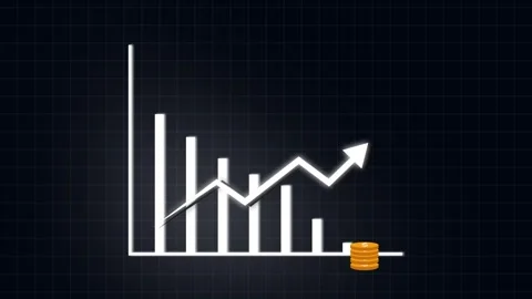 High-tech white bar chart with rising arrow and coin stacks on dark grid in.. Stock Footage 321451018