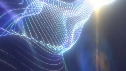 A high-tech wireframe mesh glowing with neon blue and white light, creating.. Stock Illustration