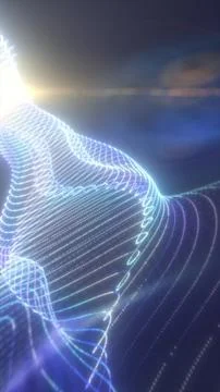 A high-tech wireframe mesh glowing with neon blue and white light, creating a Stock Illustration