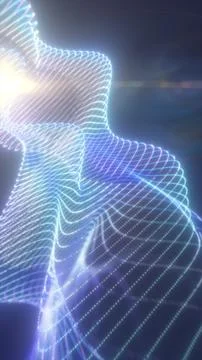 A high-tech wireframe mesh glowing with neon blue and white light, creating.. Foto stock