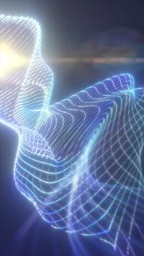 A high-tech wireframe mesh glowing with neon blue and white light, creating.. Stock Photos