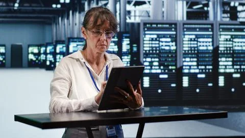 High tech workplace with AI servers 写真素材