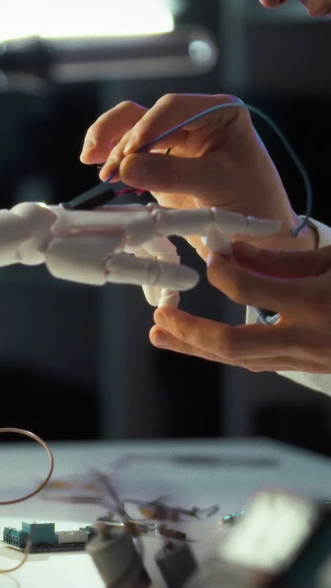 In high-tech workshop bathed in evening light an engineer carefully solder-c Stock Footage 331794514