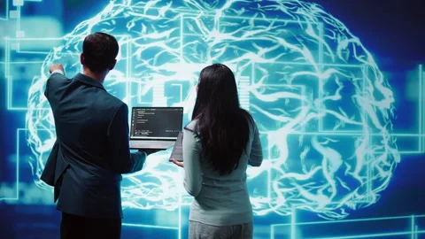 High tech workspace colleagues using AI system, doing brainstorming Stock Footage 278627242