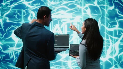 High tech workspace colleagues using AI system, doing brainstorming Stock Footage 278699973