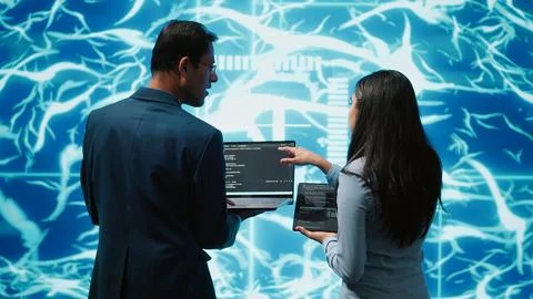 High tech workspace colleagues using AI system, doing brainstorming Stock Photos