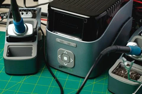 High-tech workstation for electronics repair and soldering projects Stock Photos