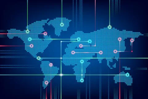 High-tech world map with glowing points and connected lines, showcasing global Stock Illustration
