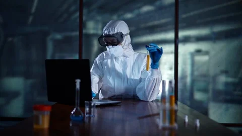 High technology laboratory, scientist working with data and test tubes, digital Stock Footage 95350529