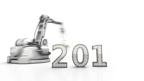 High Technology New Year. Christmas 3d animation.  Industrial robotic arm 2018. Stock Footage 81032697