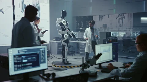High Technology Research Laboratory Scientists and Engineers Testing Exoskelet Stock Footage 136593648
