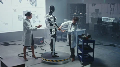 High Technology Research Laboratory Scientists and Engineers Testing Exoskelet Stock Footage 136593743