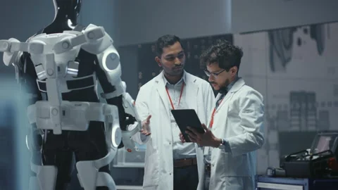 High Technology Research Laboratory Scientists and Engineers Testing Exoskelet Stock Footage 136594063