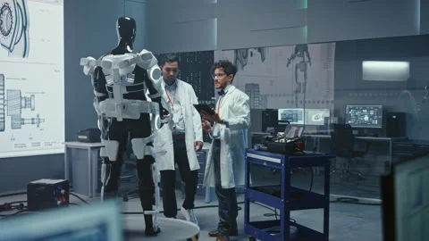 High Technology Research Laboratory Scientists and Engineers Testing Exoskelet Stock Footage 136594254