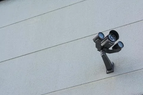 High Technology Security Camera Installed Building Wall Stock Photos