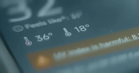 High temperature and harmful Index of UV displayed on weather app Stock Footage 313424497