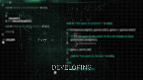 High terchnology background with coding overlay and words like robotics, art Stock Footage 283545808