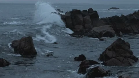 High Tide splashing over rocks at Blue Hour Stock Footage 186767576