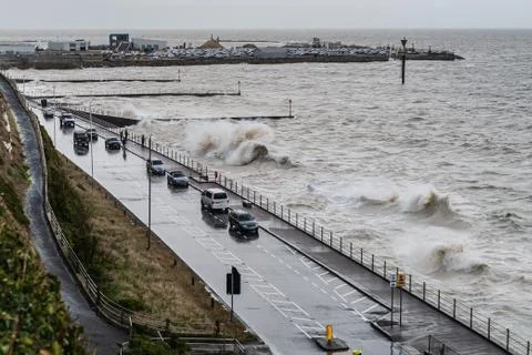 A high tide on the Western Undercliff, Ramsgate. Stock Photos