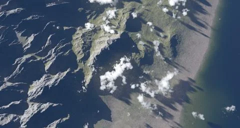 High top down aerial image from space. Mountains, greenfield beautiful clouds. Foto stock