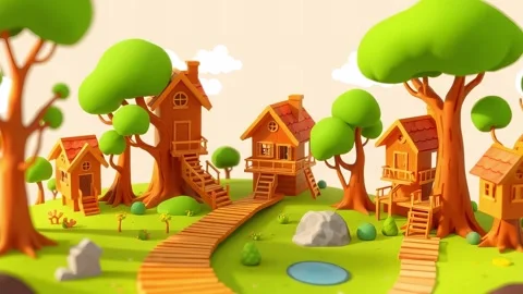 High Tree town with a path: Forest Scene - Playful Cartoonish View Stock Footage 307475245