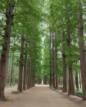 High trees in the park and the path toward further away Stock Photos