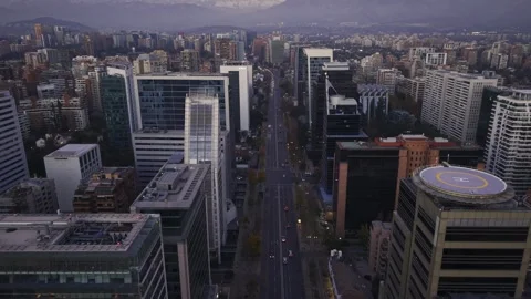 High twilight drone view over Apoquindo office corridor Santiago Chile Vídeos de archivo 334637309